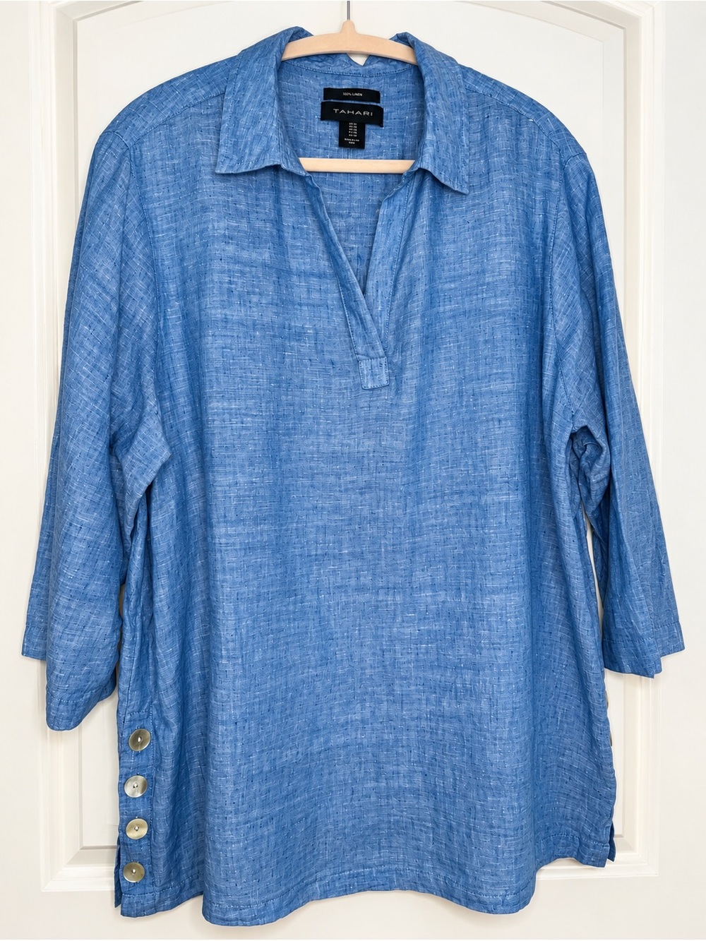 Tahari Light Blue Linen-Blend Split V Tunic with Button Hem